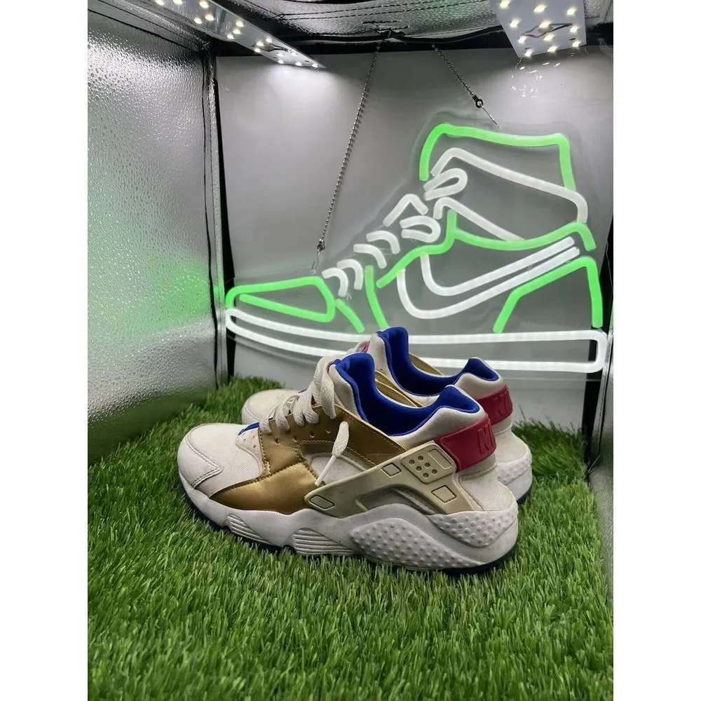 Nike‎ Huarache Run White Gold Blue Athletic (GS) Shoes 654280-109 Size 4.5Y W 6